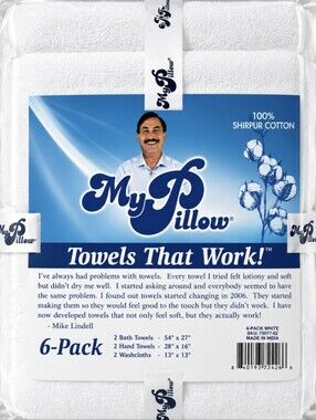 My Pillow White Towel Set 100% Shirpur Cotton 6 Piece Set New In Package 🛁
